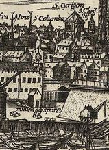 Mühlengassentor, Michel L. Birboum 1619 (Ausschnitt aus einem Panoramabild)