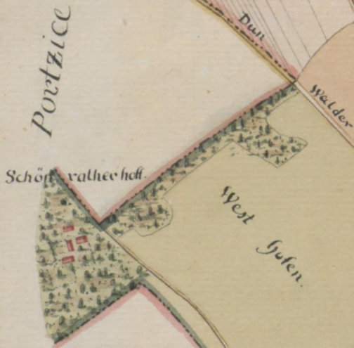 Vergrößerter Ausschnitt aus Spezialgrundriß des Mülheimischen Territorii von C. Crapet anno 1803 mit Schönrather Hof (Gebäude in rot) mit Überbleibseln der Waldweide