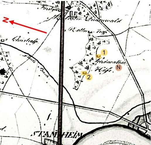 Ähnlicher Ausschnitt aus HAStK Best. 7102 Nr. 914. Gedreht sowie hinzugefügt: Markierung der beiden Schönrather Höfe (1, 2), ungefährer Standort von Neurath (N) und Nordpfeil